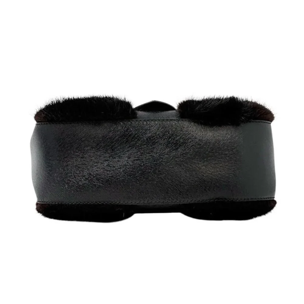 FENDI Vintage Logo Fur Baguette Mini Shoulder Bag Handbag Black Gold [106345] - Picture 8 of 13